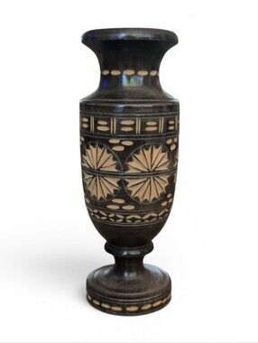 Vintage Hand Carved 8" Wooden Vase Geometric Boho Starburst Design
